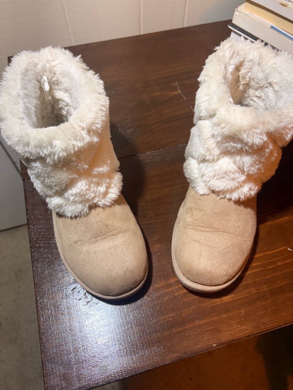 Faux Suede Booties with Cream Faux Fur Cuff